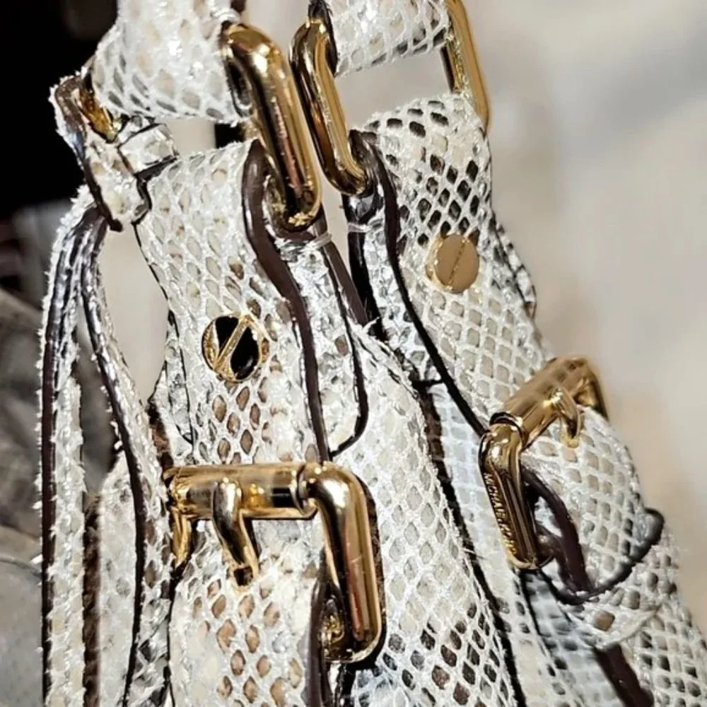 Authentic Michael Kors Beige Python Effect Leather/Suede Bedford Hobo